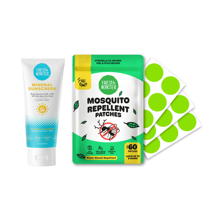A tube of Fresh Monster Kids Clear Zinc Daily Sunscreen Lotion - SPF 30 + free gift sits next to a package of Fresh Monster mosquito repellent patches, with four green adhesive dot patches displayed beside the package.