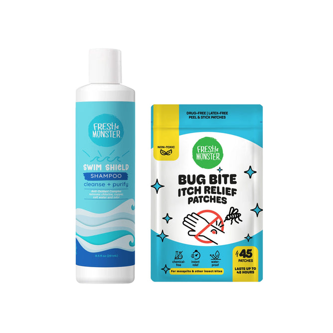 A bottle of Fresh Monster Swim Shield Chlorine Removal Shampoo + free gift sits beside Fresh Monster Bug Bite Itch Relief Patches, both displayed on a white background.