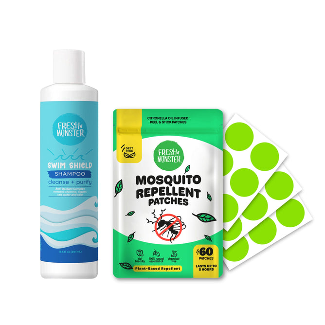 A bottle of Fresh Monster Swim Shield Chlorine Removal Shampoo + free gift is shown beside a pack of Fresh Monster Mosquito Repellent Patches, with green peel-and-stick patches displayed next to the packaging.