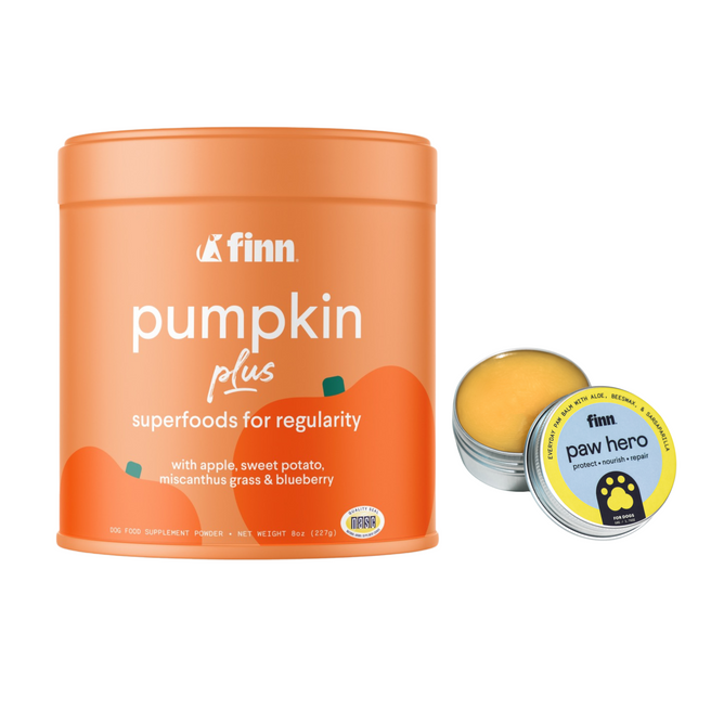 Image of Finn products: an orange container labeled Pumpkin Plus for bowel regularity, featuring gut-friendly superfoods like pumpkin, apple, and blueberry. Next to it is a small tin of Finn Paw Hero balm for pets with soothing salve inside.