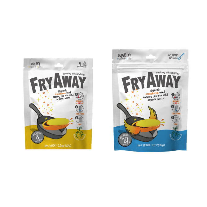 Buy Pan Fry Used Cooking Oil Solidifier Powder (yellow accents) and get Super Fry Used Cooking Oil Solidifier Powder (orange accents) free—both from Grove Collaborative, featuring frying pan illustrations and product details.