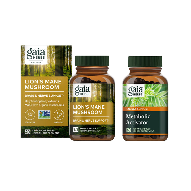Image of Gaia Herbs supplements: On the left, a box of Lions Mane Mushroom + free gift, promoting brain support. On the right, two bottles: another Lions Mane Mushroom for cognitive support and a Metabolic Activator for energy boost.