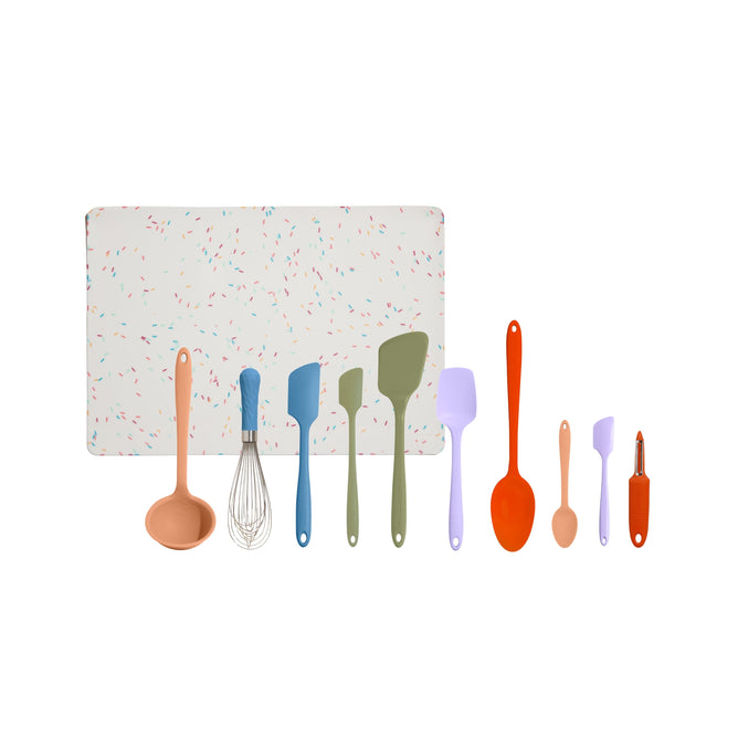 Discover GIRs 10-Piece Best Sellers Kitchen Tool Set + free gift, featuring heat-resistant premium silicone utensils: speckled cutting board, peach ladle, metal whisk with blue handle, and pastel spatulas and spoons—all beautifully arranged on a white background.