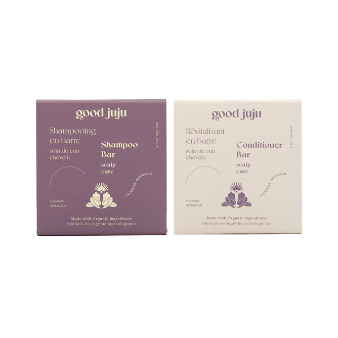 The Good Juju Body & Home Scalp Care Haircare Set includes a Shampoo Bar and Conditioner Bar, both crafted with organic ingredients and formulated for scalp care.