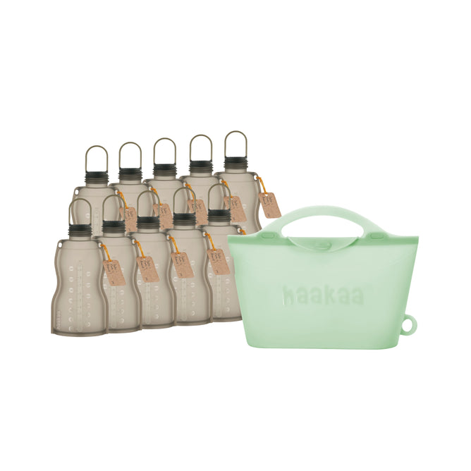 Get a free Haakaa Silicone Multipurpose Steamer & Sterilizer Bag with each set of eight eco-friendly, translucent grey silicone milk storage bottles (with black caps and tan tags) in the “Buy Silicone Milk Storage Bags, Get a Free Steamer & Sterilizer Bag” offer.