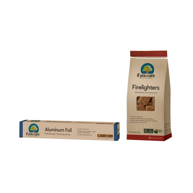 The image shows two If You Care products: a Recycled Aluminum Foil box with a free gift on the left and a bag of firelighters on the right, both highlighting eco-friendly packaging and underscoring sustainability and energy efficiency in their commitment to the planet.