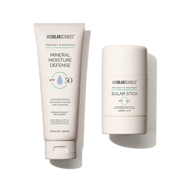MDSolarSciences offers a Mineral Moisture Defense SPF 50 lotion and a Solar Stick SPF 40—buy the lotion and get the stick free. Both products are shown upright with white packaging on a white background.