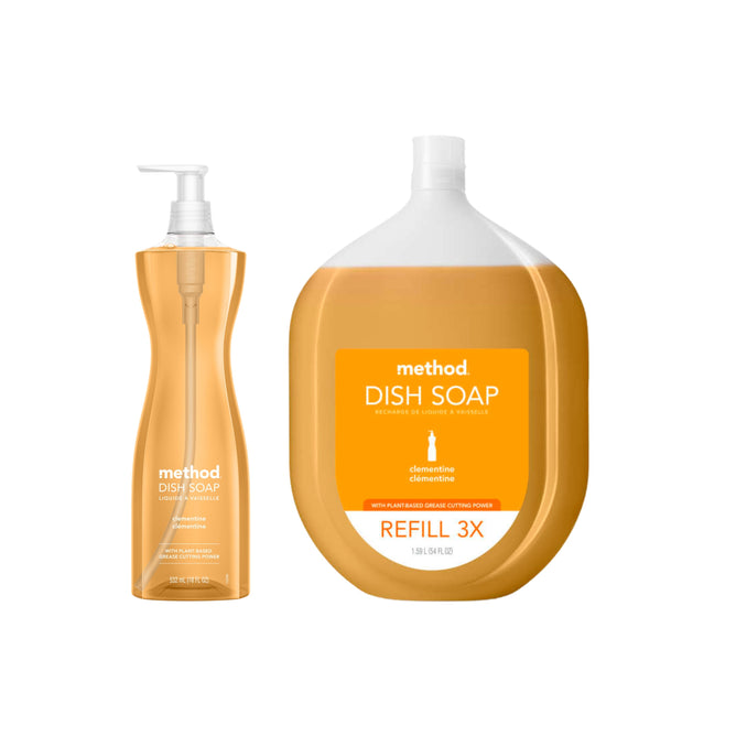 Two bottles of method Dish Soap Starter Set - Clementine, featuring pump dispensers and a large clementine-scented refill, are shown against a white background.