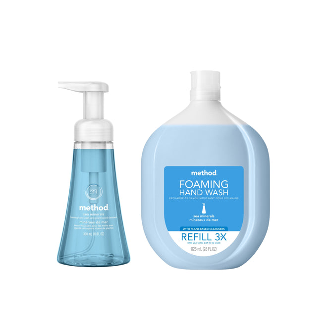 The method Foaming Hand Soap Starter Set in Sea Minerals features a clear pump bottle and a large refill, both displayed side by side on a white background.