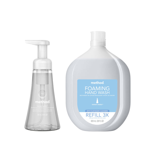 The method Foaming Hand Soap Starter Set in Sweet Water includes a clear pump dispenser and a large white 828mL refill bottle labeled Foaming Hand Wash, Refill 3X.