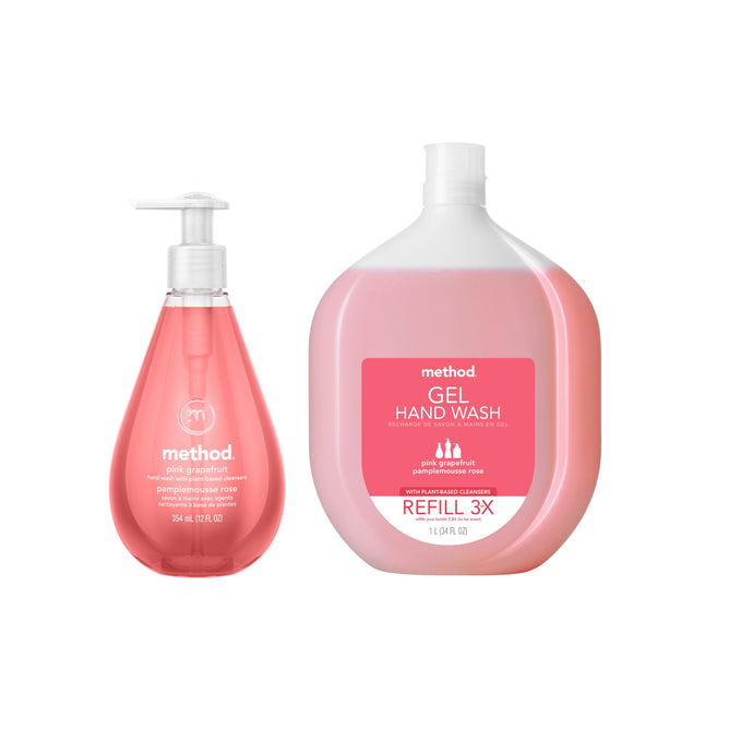 The method Gel Hand Soap Starter Set - Pink Grapefruit includes two clear pink bottles: one with a pump dispenser and one large refill, both labeled in white and pink.
