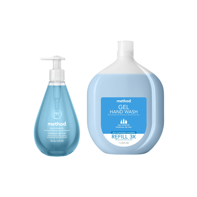 The method Gel Hand Soap Starter Set in Sea Minerals includes a 354 ml pump bottle and a 1-liter refill, both filled with refreshing blue liquid soap.