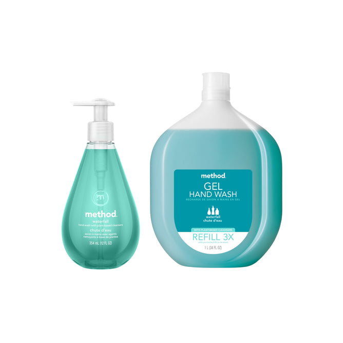 The method Gel Hand Soap Starter Set - Waterfall includes a 354 mL clear pump bottle and a 1 L refill, both plastic with blue-green soap—no aluminum packaging.