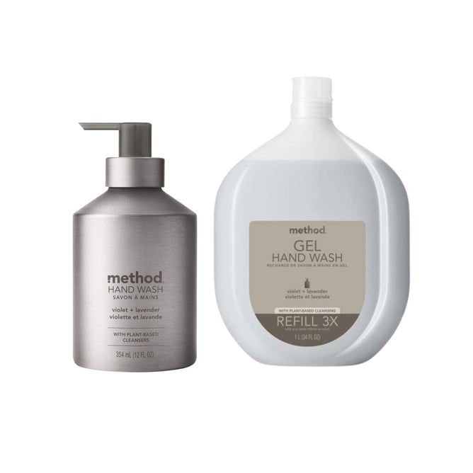 The Method Gel Hand Soap Starter Set - Violet + Lavender includes a silver pump bottle and a large clear 3X refill bottle.