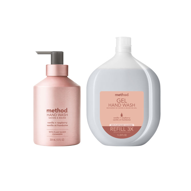 The method Gel Hand Soap Starter Set - Vanilla + Raspberry includes a pink pump bottle and a large gray refill, both featuring the fresh Vanilla + Raspberry fragrance.
