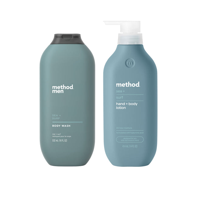 The method Mens Body Starter Set - Sea + Surf includes two blue bottles: a Body Wash with a black flip cap (left) and a Body Lotion with a pump dispenser (right), both featuring white text labels.