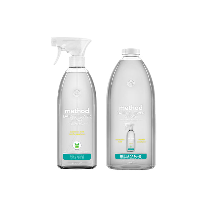 The method Daily Shower Cleaner Starter Set in Eucalyptus Mint includes a spray bottle and a larger refill, both with white text and green accents.