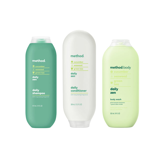 The method Shampoo, Conditioner & Body Wash Starter Set - Daily Zen features green, white, and light green bottles on a white background, each labeled with cucumber, seaweed, and green tea for a refreshing routine.