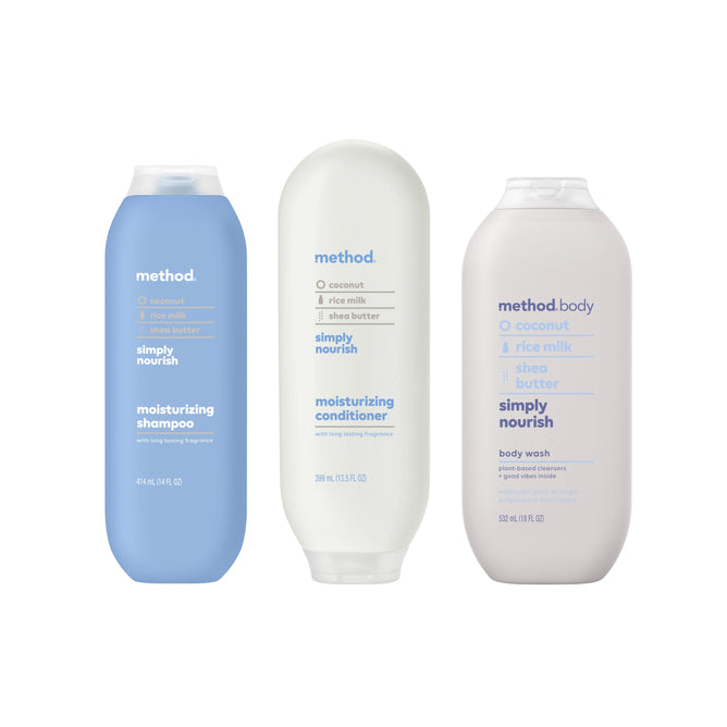 Methods Shampoo, Conditioner & Body Wash Starter Set - Simply Nourish features blue, white, and off-white bottles with coconut, rice milk, and shea butter as key ingredients.