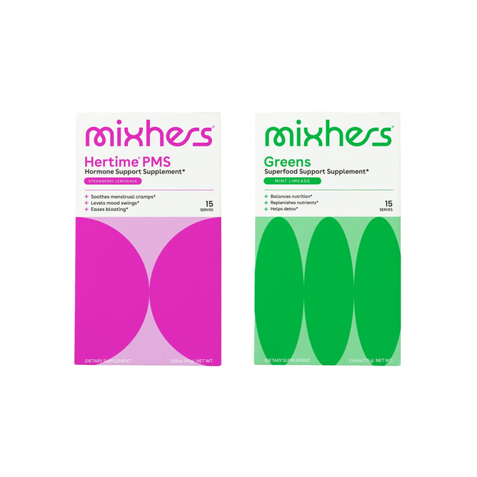 Two supplement boxes from Mixhers: a pink one labeled Hertime PMS Supplement Powder for hormone support, offering a perfect PMS solution, and a green one for superfood support. Each box contains 15 servings to naturally address hormone imbalance.