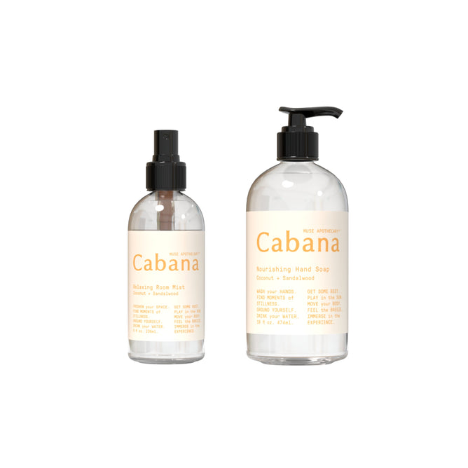Two clear bottles with beige Cabana labels from Muse Apothecary exude relaxation. The left is a Relaxing Room Mist + free gift infused with essential oils, while the right is a plant-based nourishing hand soap. Both have white caps; one sprays, the other pumps.