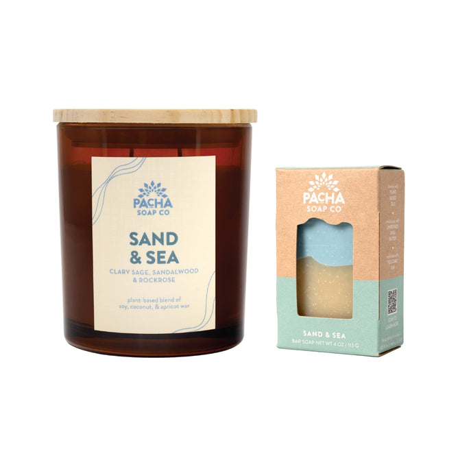 Enjoy Pacha Soap Co.’s Buy a Signature Candle, Get a Bar Soap Free offer—featuring the Sand & Sea scent with notes of clay sage, sandalwood, and rockrose.