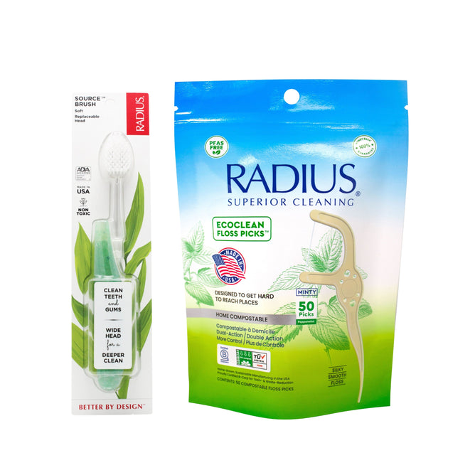 The Radius Buy Source Toothbrush, Get EcoClean Floss Picks Free set features a green-leaf-designed toothbrush with a replaceable head and 50 plant-based, compostable floss picks in eco-friendly packaging.