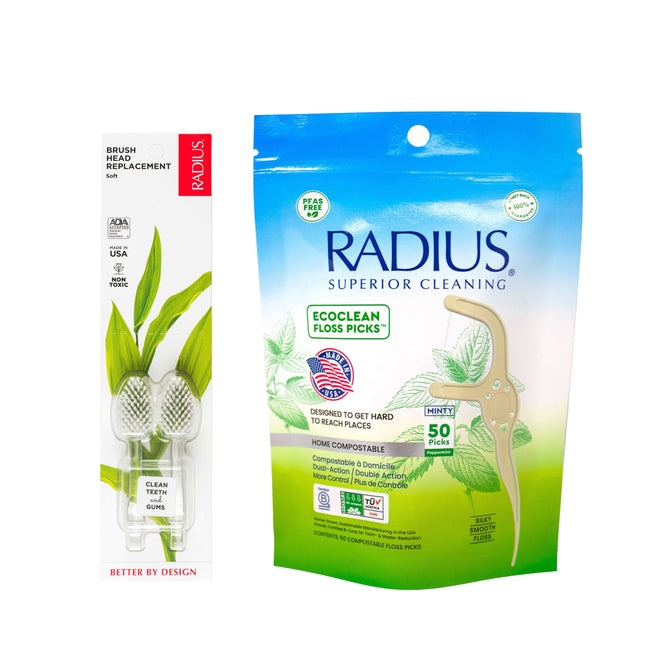 Radius: Buy Source Replacement Heads (pack of 2) and get EcoClean Floss Picks (blue-green bag with visible picks) free.