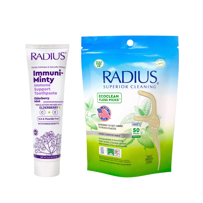 A tube of Radius Buy Immuni-Minty Toothpaste, Get EcoClean Floss Picks Free stands beside both products white and blue packaging against a white background.