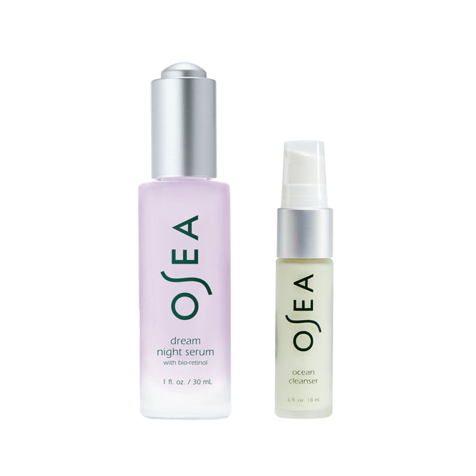 On a white background: OSEA’s purple-tinted Dream Night Serum + free gift with a silver cap sits on the left, while a smaller pale yellow Ocean Cleanser with a pump dispenser is on the right.