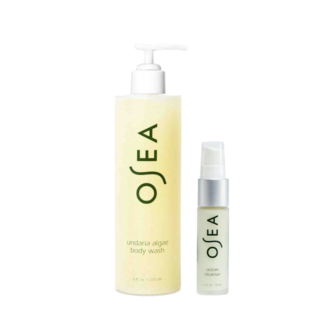 Two OSEA skincare bottles: a tall pump labeled Undaria Algae™ Body Wash + free gift, and a smaller spray, both in minimalist white and green packaging.