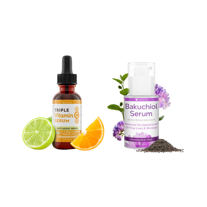 Two skincare products: a brown bottle labeled Tree To Tub Skin Brightening Triple Action Vitamin C Serum for Face + free gift with lime and orange slices, and a white bottle labeled Bakuchiol Anti-aging Serum surrounded by purple flowers and seeds.