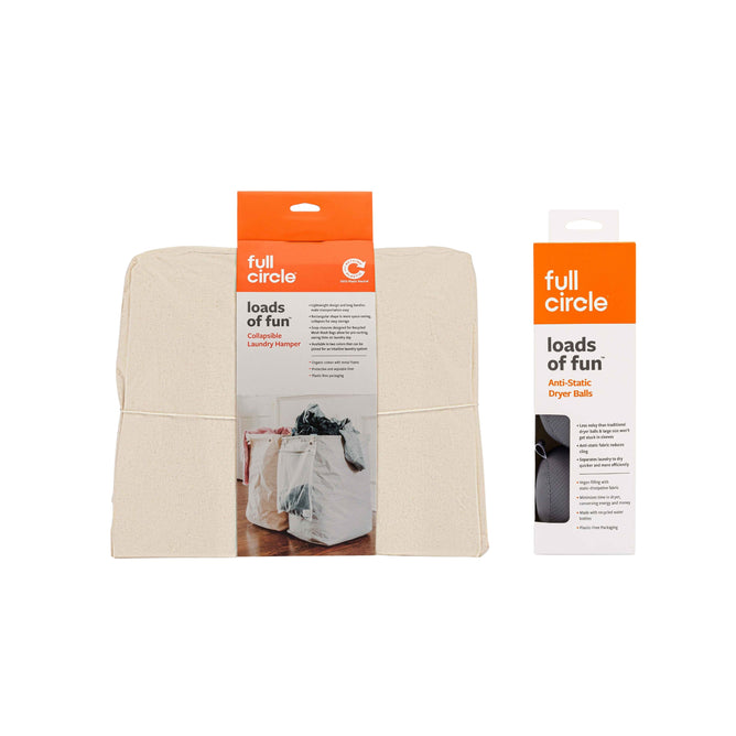 Displayed are two packages: one with an Organic Cotton Laundry Hamper + free gift and another with anti-static dryer balls. Both feature the Full Circle brand logo, vibrant orange accents, and product images, making laundry tasks effortlessly stylish.