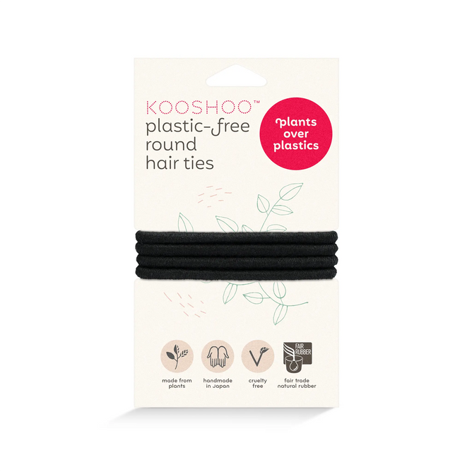 KOOSHOO Round Hair Ties in black are handmade from organic cotton and fair trade rubber, cruelty-free, plastic-free, and labeled “plants over plastics”—a sustainable choice for eco-conscious consumers.