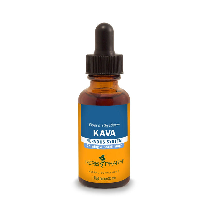 A 1 fl oz (30 mL) brown glass dropper bottle of Herb Pharm Kava Extract with a blue and yellow label highlighting Calming & Stabilizing support for the nervous system.