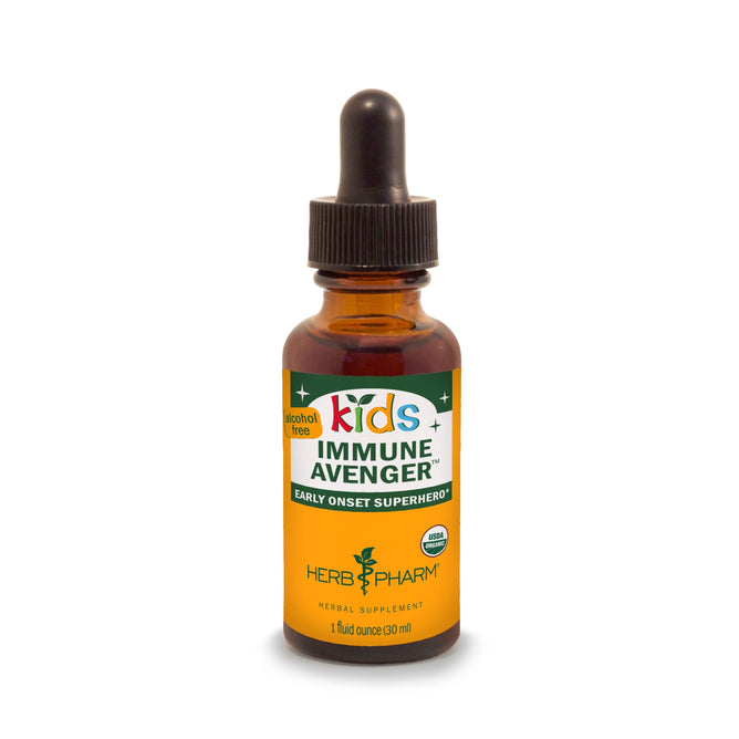 A brown glass dropper bottle labeled Kids Immune Avenger by Herb Pharm, with a colorful label highlighting alcohol-free elderberry and echinacea for early immune support.