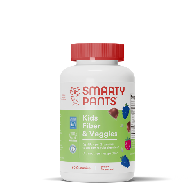 A white bottle of Smarty Pants Kids Fiber + Veggie (60 count) gummies with a red cap, featuring assorted fruits and text about its prebiotic fiber supplement and organic veggie blend; labeled as a dietary supplement.