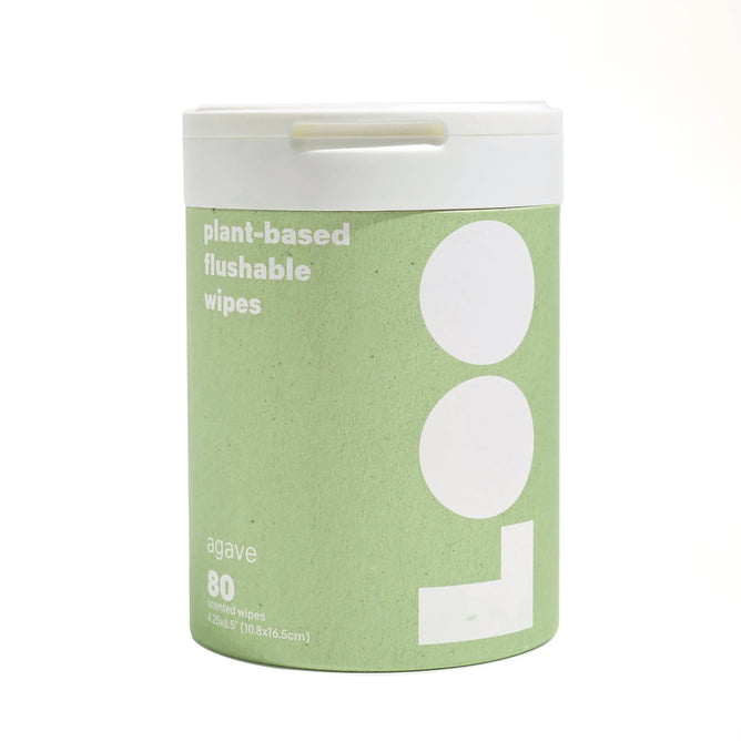 The LOO Agave Flushable Wipes come in a green cylindrical container with white and green text. Paraben-free and plant-based, the pH-balanced wipes measure 6.3 x 5 inches, and the package contains 80 wipes.
