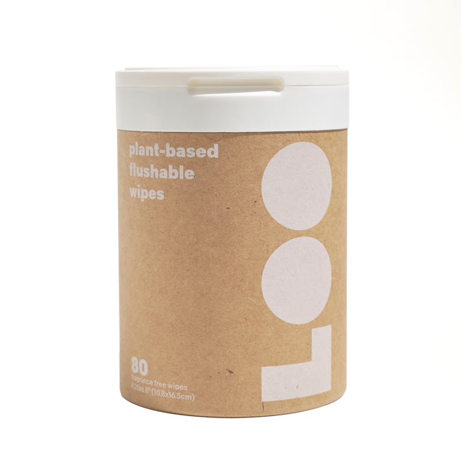A brown cylindrical container from LOO, labeled Classic Flushable Wipes, boasts a simple design with white text. These hypoallergenic, plant-based wipes are perfect for sensitive skin and flushable.