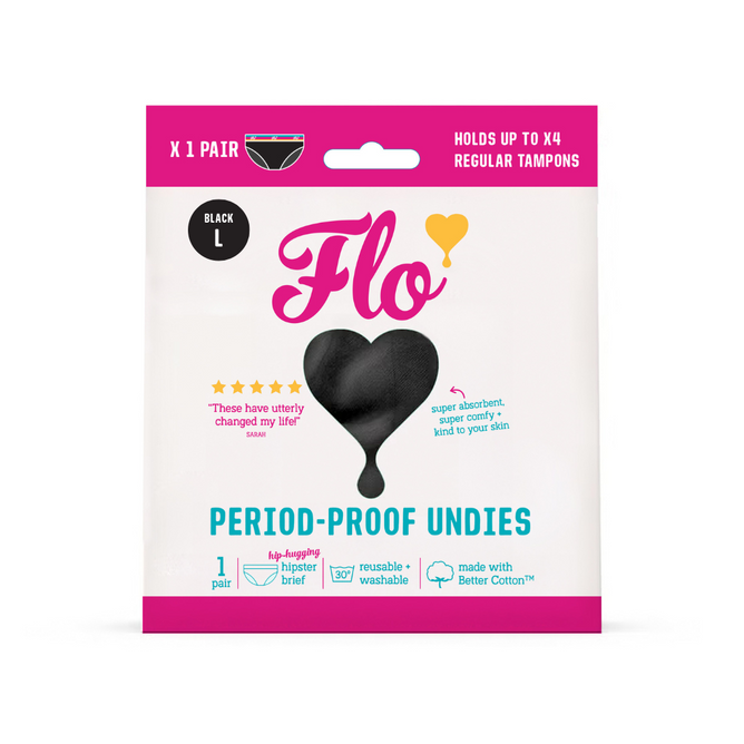 Here We Flo Reusable Cotton Period Underwear, size L, comes in a white and pink heart-themed pack. Washable and sustainably made with Better Cotton, they offer comfortable, eco-friendly period protection.