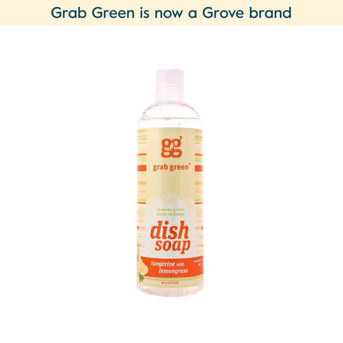 A clear bottle of grab green Liquid Dish Soap - Tangerine with Lemongrass (Coming Soon!) is centered on a white background. Text above reads, grab green is now a Grove brand with a powerful grease-cutting, clean-rinse formula.