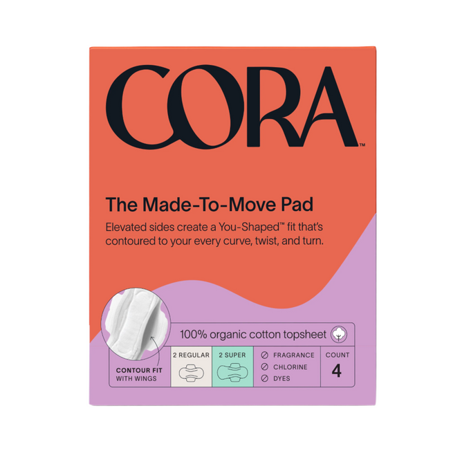 A box of Cora Made to Move Pad - Sample with bold branding, You-Shaped™ fit, 100% organic cotton topsheet icons, 2 regular and 2 super pads, leak protection, and free of fragrance, chlorine, or dyes.
