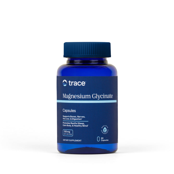 A blue bottle of Trace Minerals Magnesium Glycinate, 120mg features 90 bioavailable capsules for bone, nerve, liver, digestion, and sleep support, displayed against a plain white background.