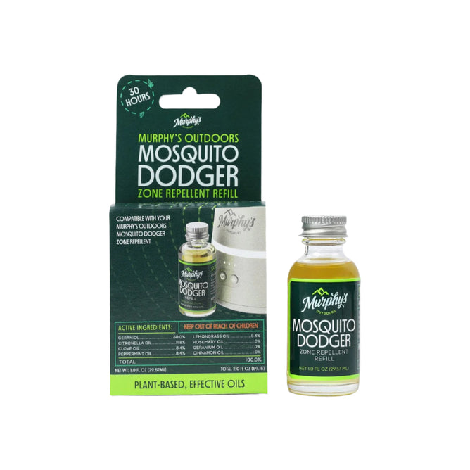 A box and bottle of Murphys Naturals Refill for Mosquito Dodger Zone Repellent Device, with essential oils for mosquito protection. Packaging notes 30-hour coverage, natural ingredients, and simple usage instructions.