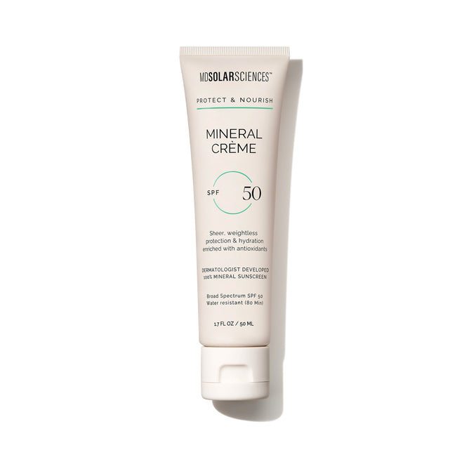 MDSolarSciences Mineral Crème SPF 50 sunscreen offers broad spectrum protection, is enriched with antioxidants, and doubles as a makeup primer. Dermatologist developed, shown against a white background.