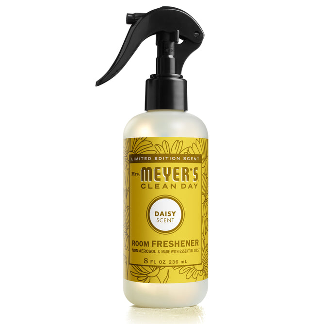 Mrs. Meyers Room Freshener in Daisy scent features essential oils and comes in an 8 fl oz (236 ml) limited edition, cruelty-free spray bottle with a floral label and sleek black nozzle.