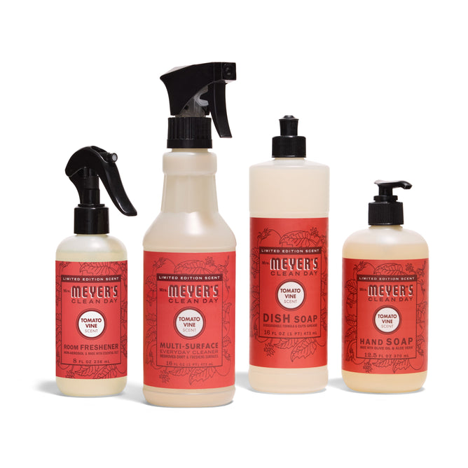 Four Mrs. Meyers Endless Summer Cleaning Set - Tomato Vine products are neatly arranged in a row on a white background.