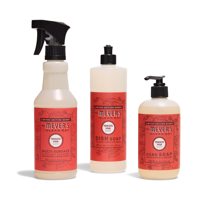 The Mrs. Meyers Sun & Suds Set - Tomato Vine, featuring Dish Soap, Hand Soap, and Multi-Surface Cleaner with red labels, is displayed on a white background.