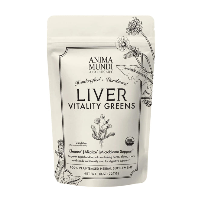 A white pouch of Anima Mundi LIVER VITALITY Greens, Daily Cleanser, with black botanical art on the label that highlights its plant-based, herbal prebiotics for liver cleansing and microbiome support.