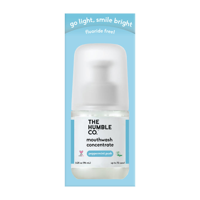The Humble Co. Mouthwash Concentrate in Peppermint Push is fluoride-free, vegan, and travel-ready. Eco-friendly packaging with a blue background; each bottle lasts up to 7 uses.